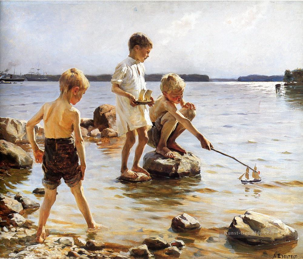 Jungen spielen am Strand Ölgemälde